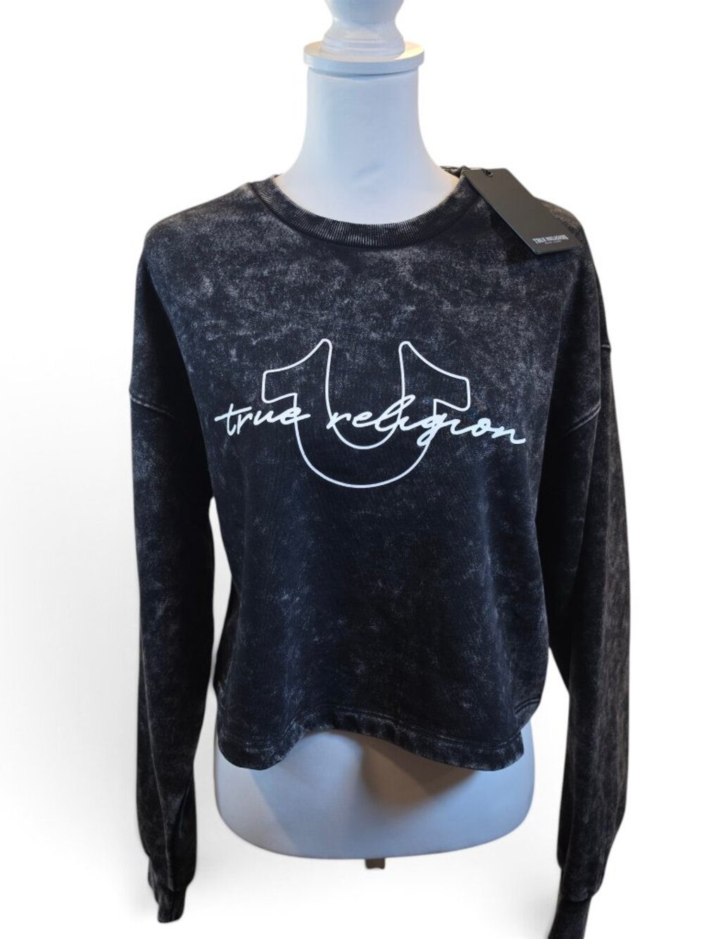 True Religion Jet Black Washed Crop Pullover Crewneck Sweatshirt NWT Size M